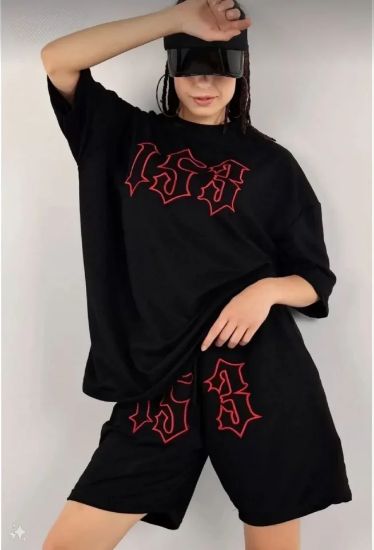Unisex Nakış İşlemeli Şort Takım - Siyah resmi