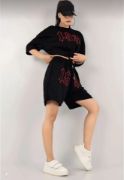 Unisex Nakış İşlemeli Şort Takım - Siyah resmi