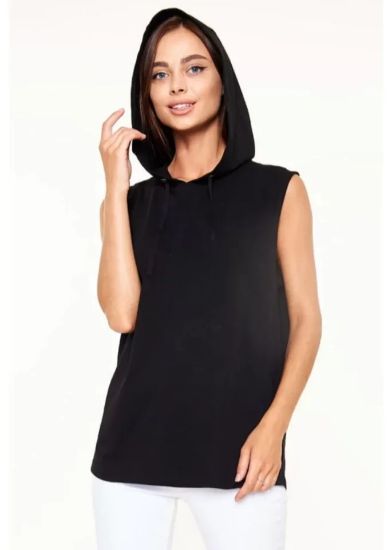 Unisex Kapşonlu Kolsuz Düz Oversize T-shirt - Siyah resmi