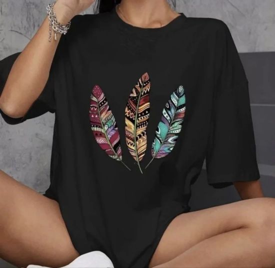 Unisex Bisiklet Yaka Baskılı Oversize T-Shirt - Siyah resmi