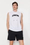 Unisex Kapşonlu Kolsuz Baskılı Oversize T-shirt - Beyaz resmi