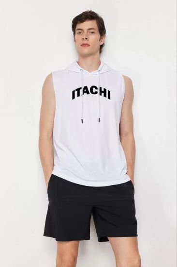 Unisex Kapşonlu Kolsuz Baskılı Oversize T-shirt - Beyaz resmi