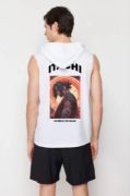 Unisex Kapşonlu Kolsuz Baskılı Oversize T-shirt - Beyaz resmi