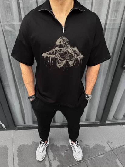 Unisex Yarım Fermuarlı Baskılı Oversize T-Shirt - Siyah resmi