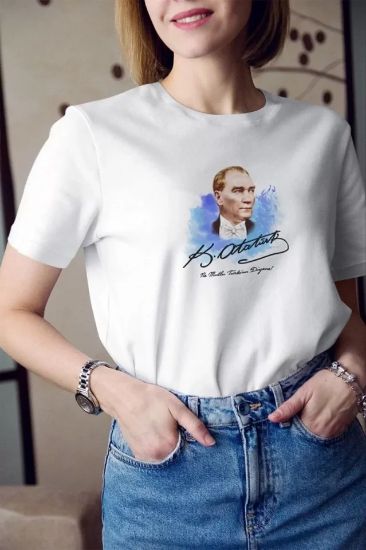 Unisex Bisiklet Yaka Baskılı Oversize T-Shirt - Beyaz resmi