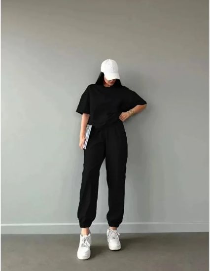 Unisex Düz T-Shirt Ve Eşofman Takımı - Siyah resmi