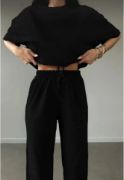 Unisex Düz T-Shirt Ve Eşofman Takımı - Siyah resmi