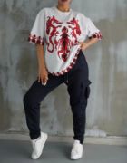 Unisex Bisiklet Yaka Baskılı Oversize T-Shirt - Beyaz resmi