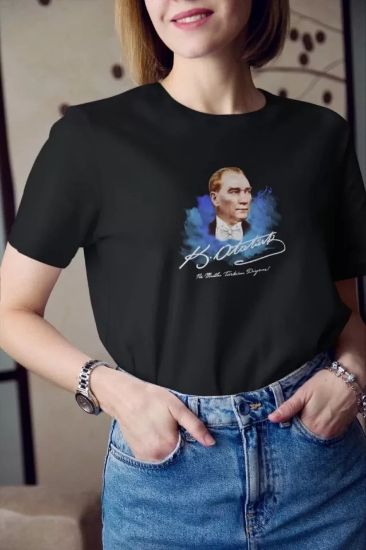 Unisex Bisiklet Yaka Baskılı Oversize T-Shirt - Siyah resmi