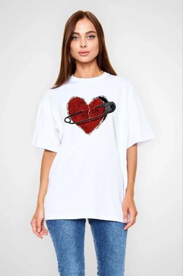 Unisex Bisiklet Yaka Baskılı Oversize T-Shirt - Beyaz resmi