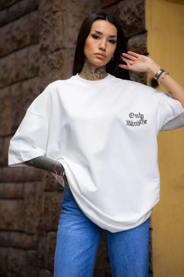 Unisex Bisiklet Yaka Baskılı Oversize T-Shirt - Beyaz resmi