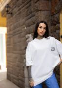 Unisex Bisiklet Yaka Baskılı Oversize T-Shirt - Beyaz resmi