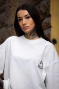 Unisex Bisiklet Yaka Baskılı Oversize T-Shirt - Beyaz resmi
