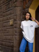 Unisex Bisiklet Yaka Baskılı Oversize T-Shirt - Beyaz resmi