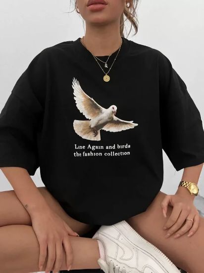 Unisex Bisiklet Yaka Baskılı Oversize T-Shirt - Siyah resmi