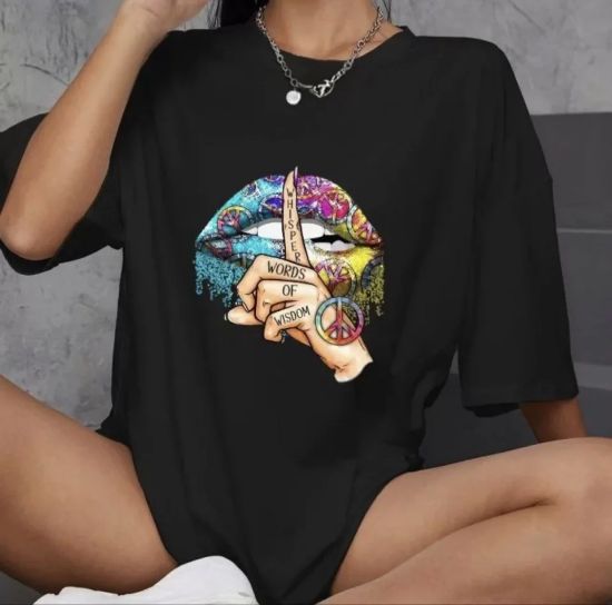 Unisex Bisiklet Yaka Baskılı Oversize T-Shirt - Siyah resmi