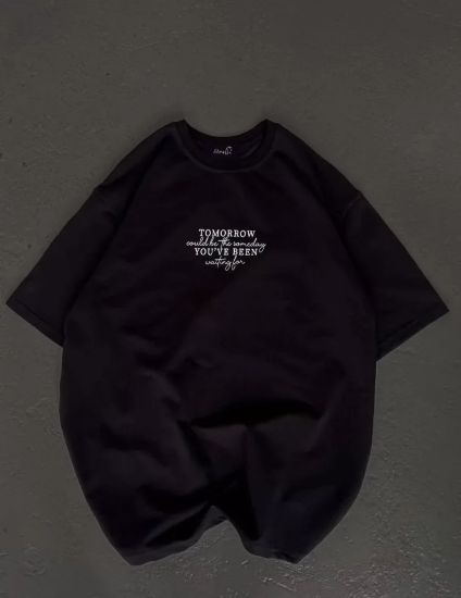 Unisex Bisiklet Yaka Baskılı Oversize T-Shirt - Siyah resmi