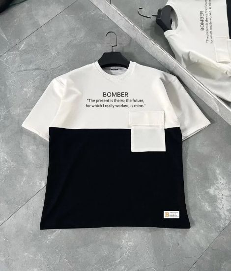 Unisex Torba Cep Detaylı  Parçalı T-Shirt - Siyah resmi
