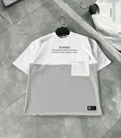 Unisex Torba Cep Detaylı  Parçalı T-Shirt - Gri resmi