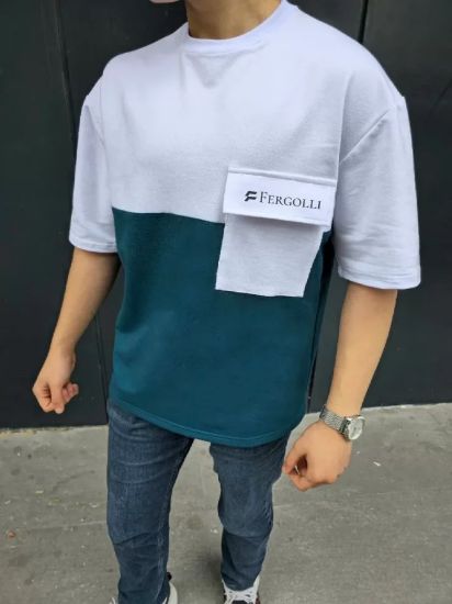 Unisex Torba Cep Detaylı  Parçalı T-Shirt - Lacivert resmi