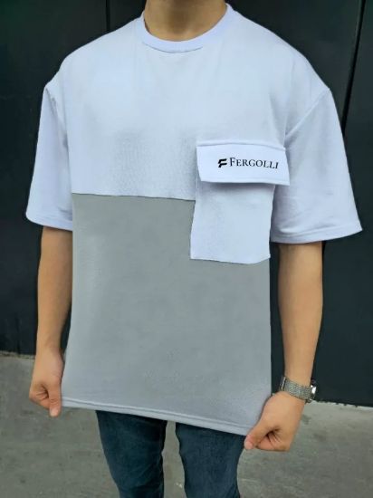 Unisex Torba Cep Detaylı  Parçalı T-Shirt - Gri resmi