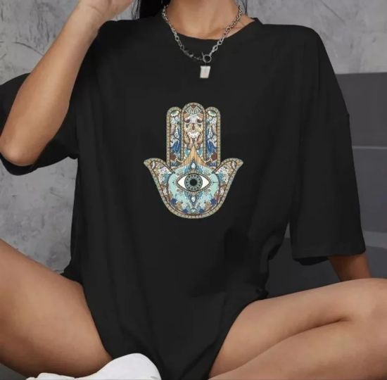 Unisex Bisiklet Yaka Baskılı Oversize T-Shirt - Siyah resmi