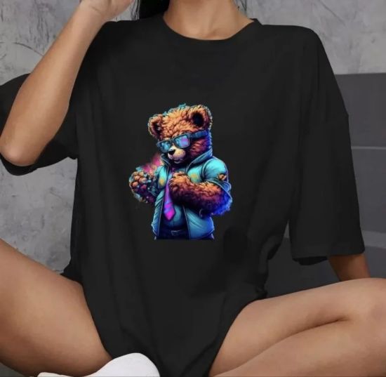 Unisex Bisiklet Yaka Baskılı Oversize T-Shirt - Siyah resmi
