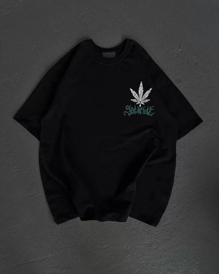 Unisex Bisiklet Yaka Baskılı Oversize T-Shirt - Siyah resmi