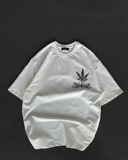 Unisex Bisiklet Yaka Baskılı Oversize T-Shirt - Beyaz resmi