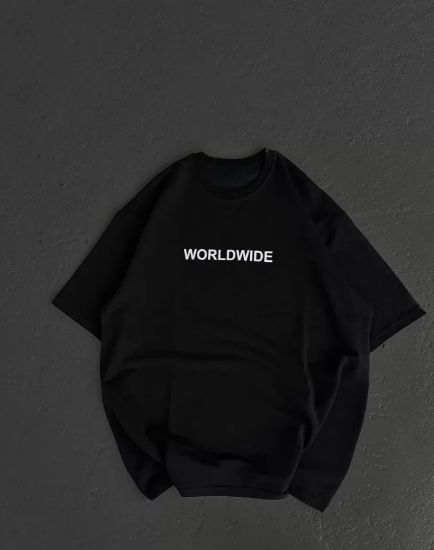 Unisex Bisiklet Yaka Baskılı Oversize T-Shirt - Siyah resmi