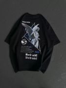 Unisex Bisiklet Yaka Baskılı Oversize T-Shirt - Siyah resmi
