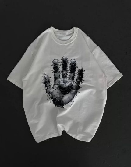 Unisex Bisiklet Yaka Baskılı Oversize T-Shirt - Beyaz resmi