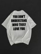 Unisex Bisiklet Yaka Baskılı Oversize T-Shirt - Beyaz resmi