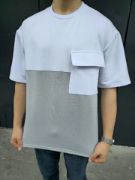 Unisex Torba Cep Detaylı Parçalı T-Shirt - Gri resmi
