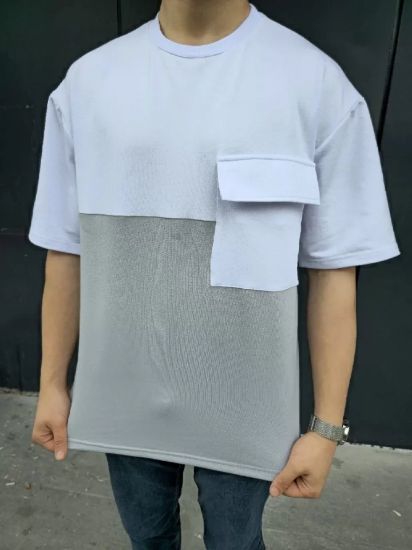 Unisex Torba Cep Detaylı Parçalı T-Shirt - Gri resmi