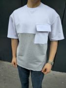 Unisex Torba Cep Detaylı Parçalı T-Shirt - Gri resmi