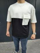 Unisex Torba Cep Detaylı Parçalı T-Shirt - Siyah resmi