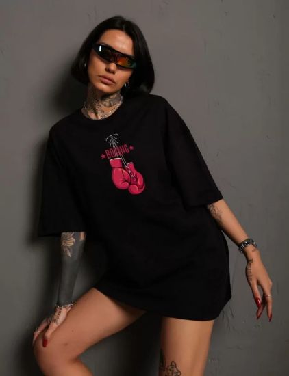 Unisex Bisiklet Yaka Baskılı Oversize T-Shirt - Siyah resmi