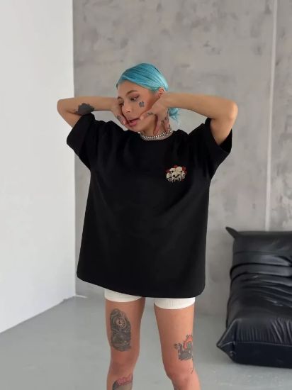 Unisex Bisiklet Yaka Baskılı Oversize T-Shirt - Siyah resmi
