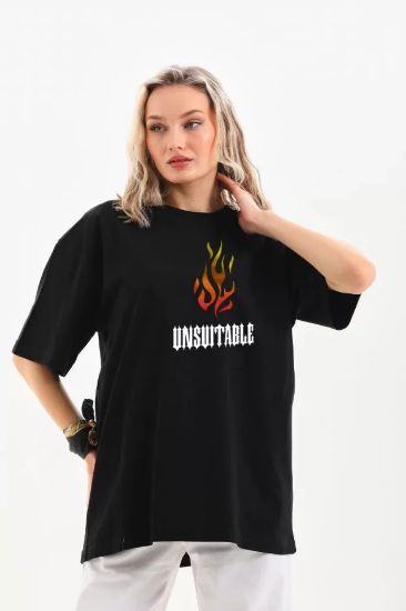 Unisex Bisiklet Yaka Baskılı Oversize T-Shirt - Siyah resmi