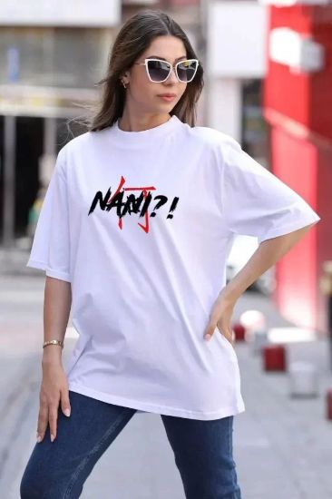 Unisex Bisiklet Yaka Baskılı Oversize T-Shirt - Beyaz resmi