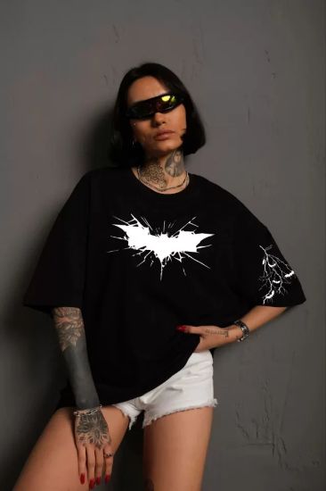 Unisex Ön Ve Kol Baskılı Oversize T-shirt - Siyah resmi