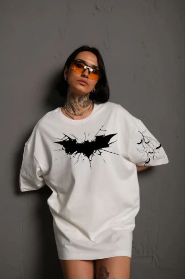 Unisex Ön Ve Kol Baskılı Oversize T-shirt - Beyaz resmi