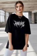 Unisex Bisiklet Yaka Baskılı Oversize T-Shirt - Siyah resmi