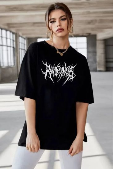 Unisex Bisiklet Yaka Baskılı Oversize T-Shirt - Siyah resmi