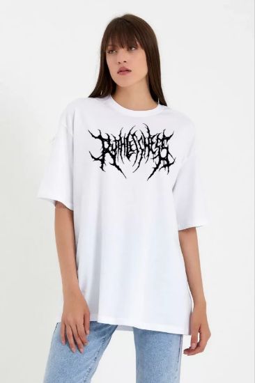 Unisex Bisiklet Yaka Baskılı Oversize T-Shirt - Beyaz resmi