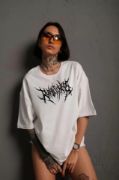 Unisex Bisiklet Yaka Baskılı Oversize T-Shirt - Beyaz resmi