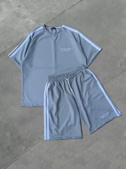 Unisex Şeritli Baskılı Şortlu Takım - Boyalı Gri resmi