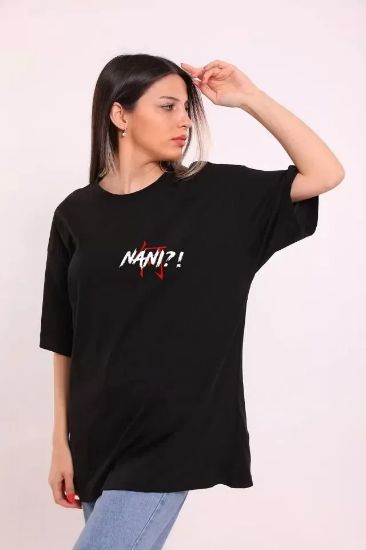 Unisex Bisiklet Yaka Baskılı Oversize T-Shirt - Siyah resmi