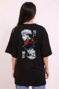 Unisex Bisiklet Yaka Baskılı Oversize T-Shirt - Siyah resmi